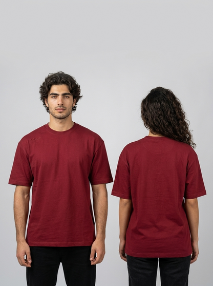 Nutshell Burgundy oversized  unisex t-shirt front & back view embroidered logo detail